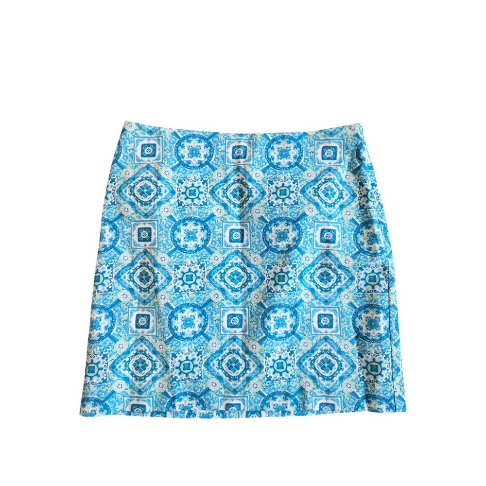 Talbots Womens Blue White Tile Print Golf Resort Mini Skirt Size 10 Geometric - Picture 2 of 4